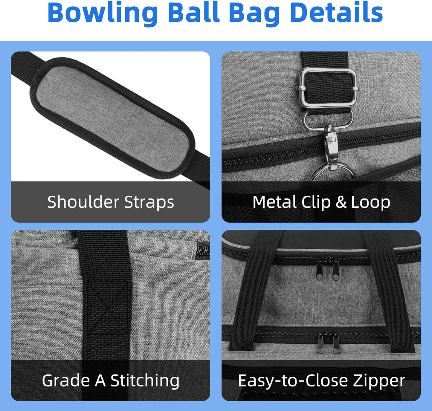 Bowling Ball Bag 2 Ball with Padded Holder Portable Double Bowling Totes with Adjustable Shoulder Strap Large Capacity Bowling Gear Organizer