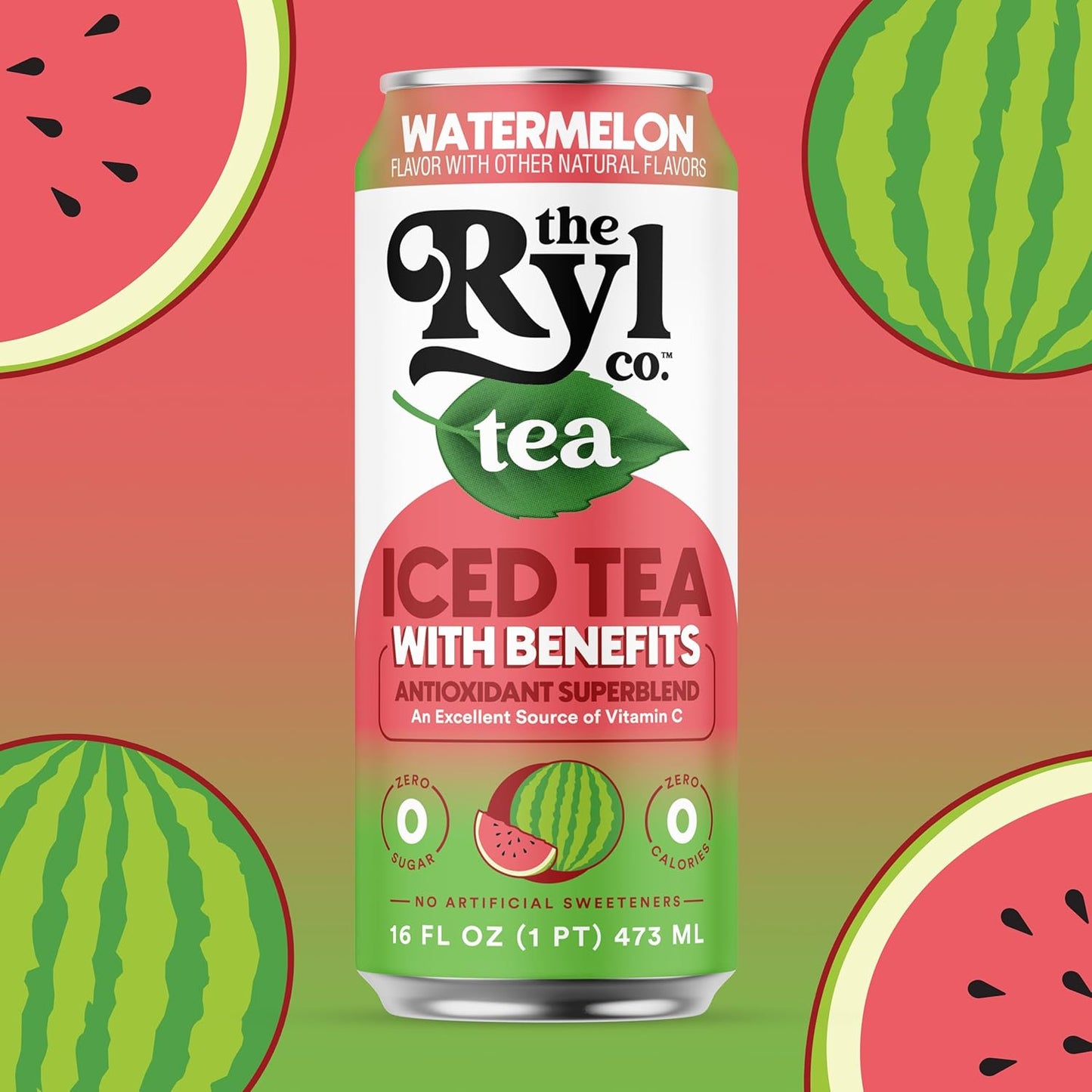 Ryl Iced Tea, Watermelon, Antioxidant Superblend, Zero Sugar, Low Carb, Zero Calorie Iced Tea, 16.0 Fl Oz (12-Pack)