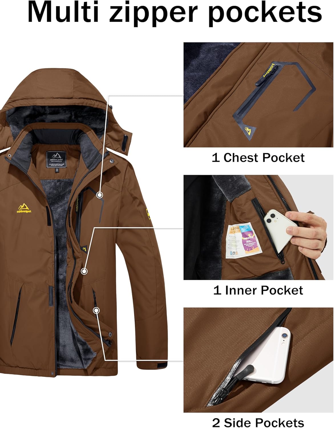 MAGCOMSEN Men's Winter Coats Water Resistant Ski Snow Jacket Warm Fleece Jacket Parka Raincoats With Multi-Pockets