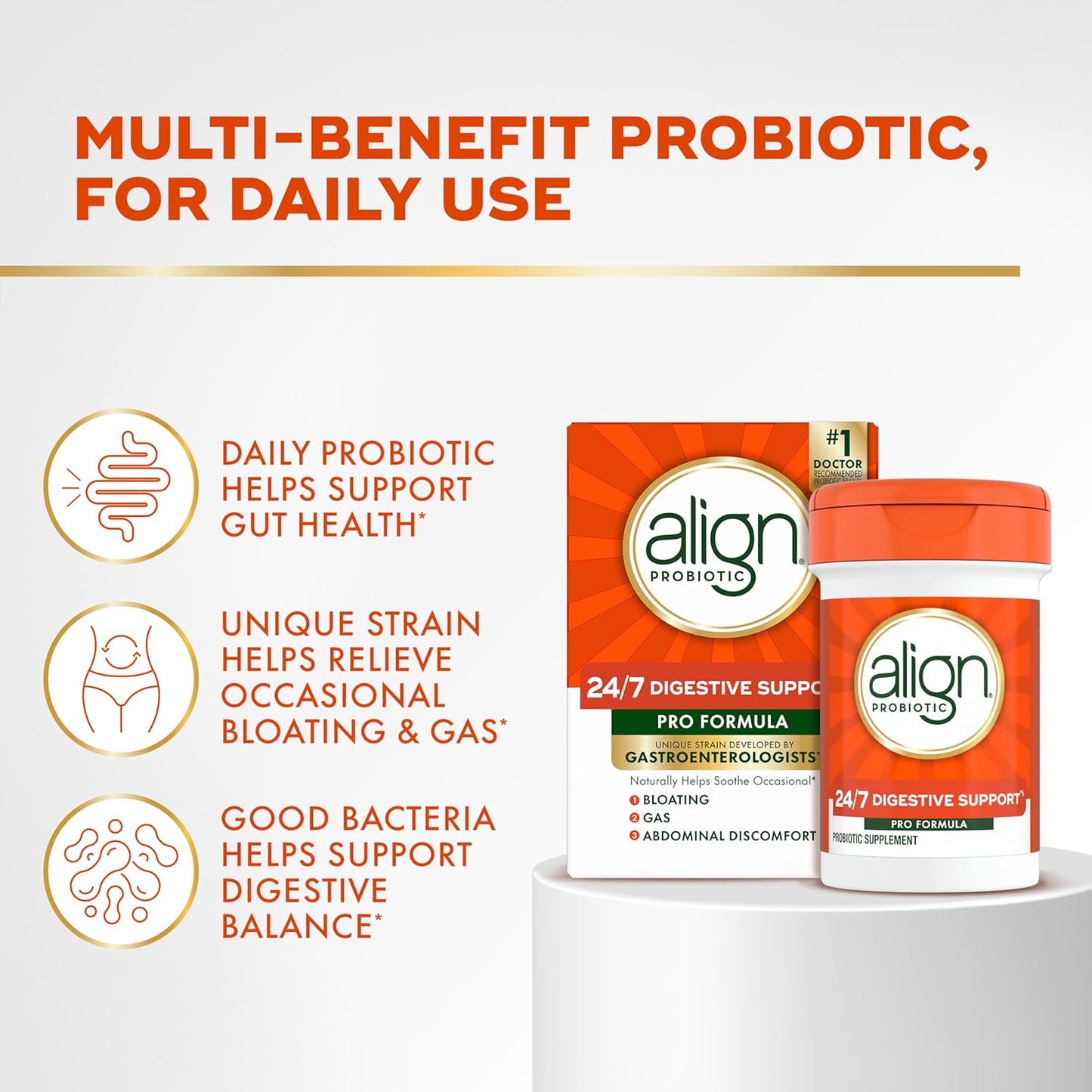 Align Probiotic, Pro Formula, Probiotics for Women and Men, Daily Probiotic Supplement, Helps Soothe Occasional Bloating & Gas*, #1 Doctor Recommended Brand‡, 30 Capsules (Packaging May Vary)
