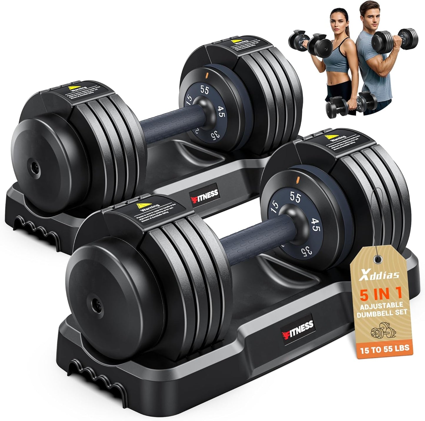 XDDIAS Adjustable Dumbbell Set of 2-25LB/55LB Set-1Sec Adjustable Dumbbell Weights-5 in 1 Free Weights Dumbbells Set with Effortless Tray/No-Slip Handle-Compact Size for Women/Men at Home Gym