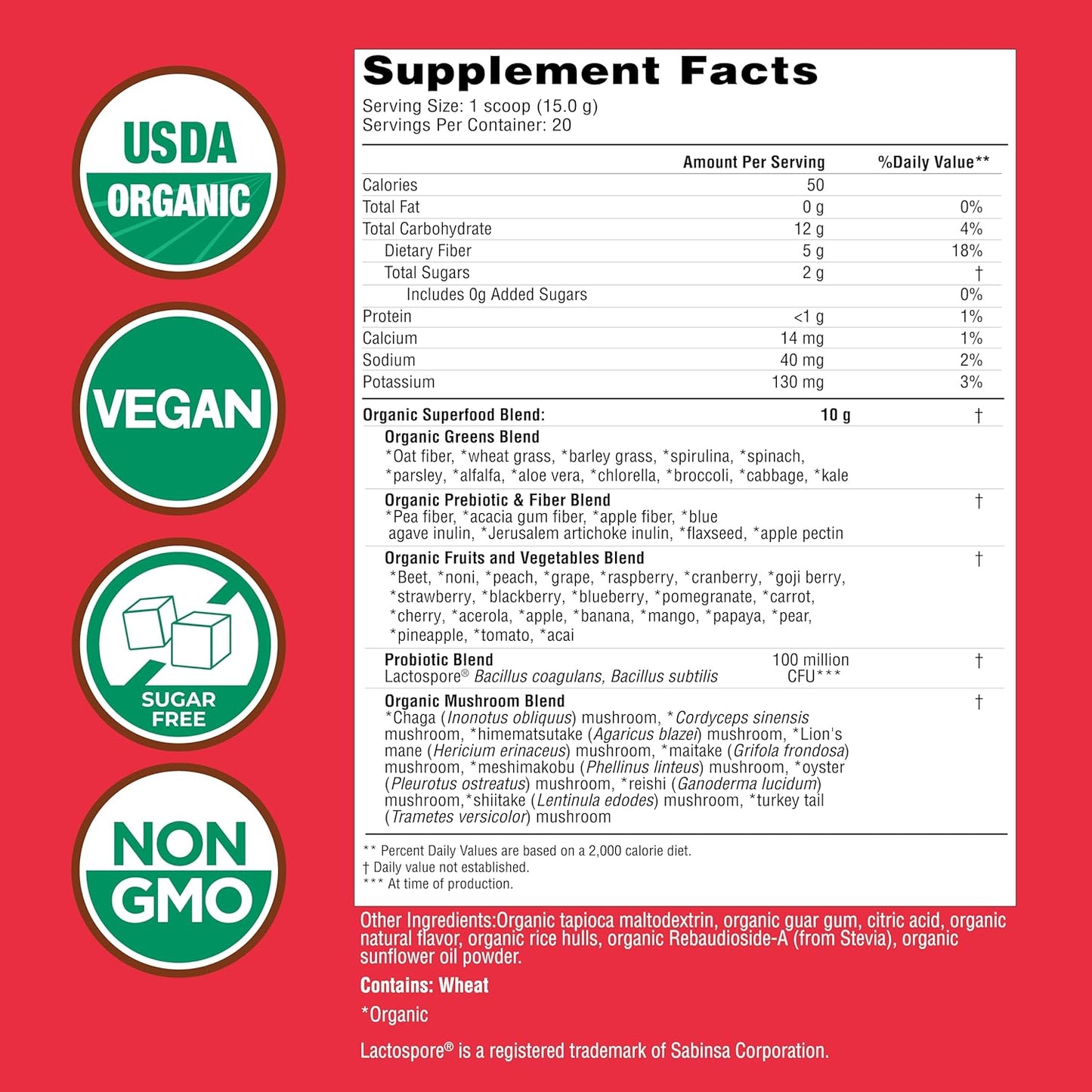 COUNTRY FARMS Super Greens Berry Flavor, 50 Organic Foods, USDA Drink Mix, Multicolor, Multi, 40 Servings, 21 Oz, 2 Pack