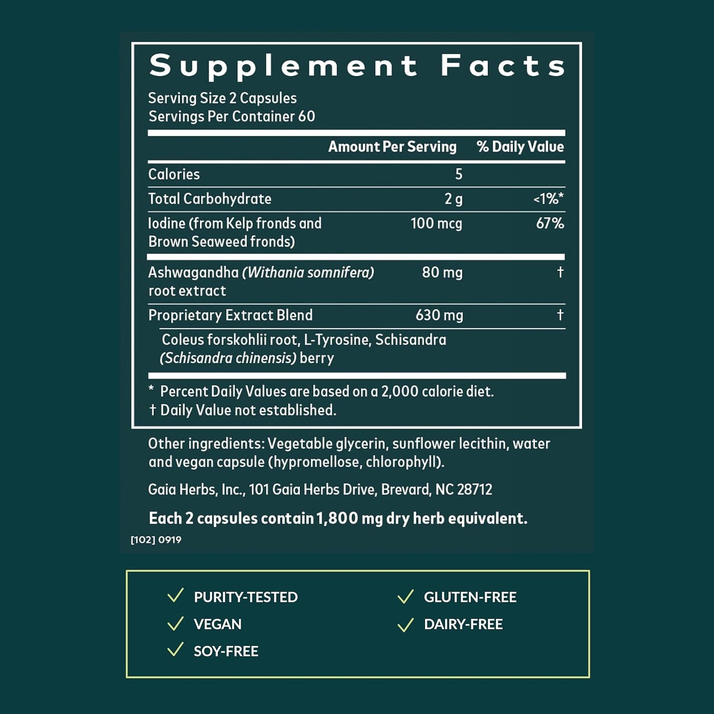 Gaia Herbs Thyroid Support - Made with Ashwagandha, Kelp, Brown Seaweed, and Schisandra to Support Healthy Metabolic Balance and Overall Well-Being - 120 Vegan Liquid Phyto-Capsules (40-Day Supply)