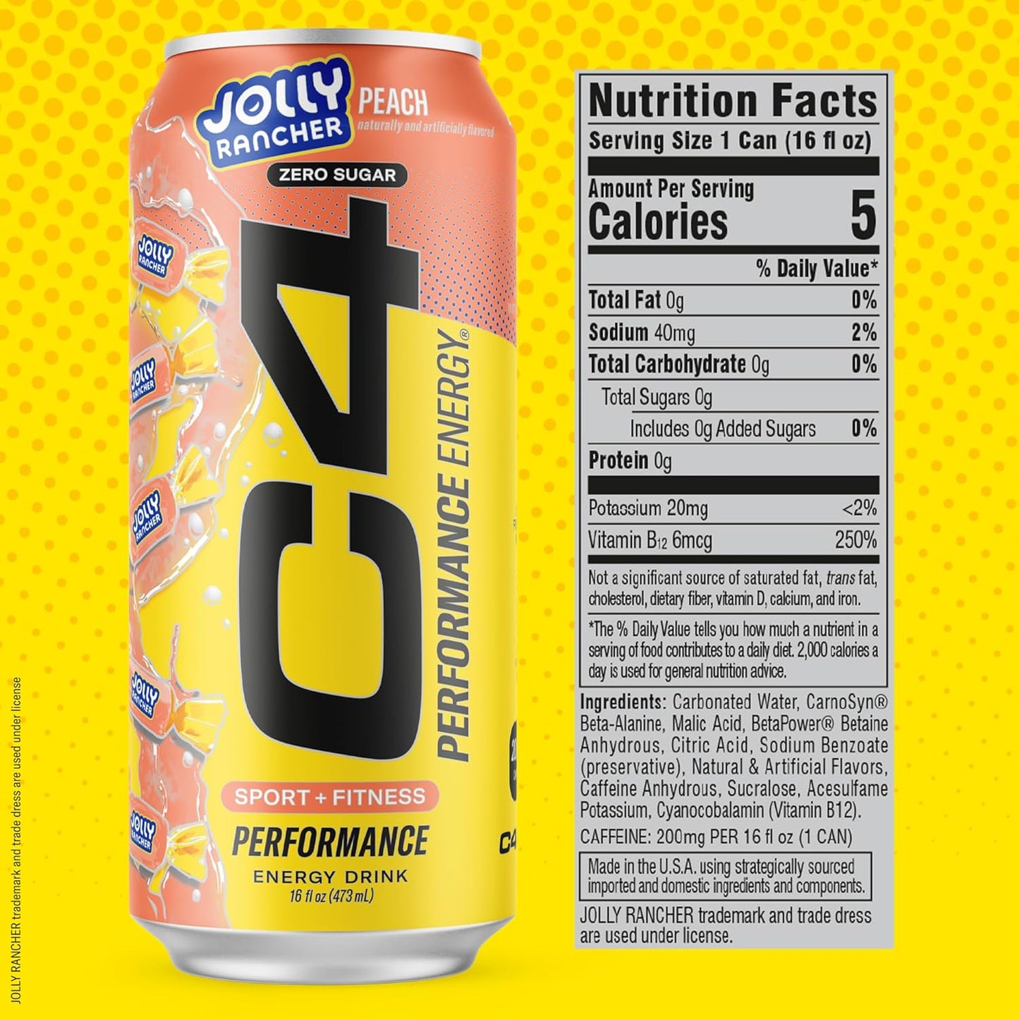 Cellucor C4 Performance Energy Drink | JOLLY RANCHER Peach | Zero Sugar Carbonated Preworkout Energy | 200mg Caffeine with Beta Alanine | 16 Fl Oz (12 Pack)