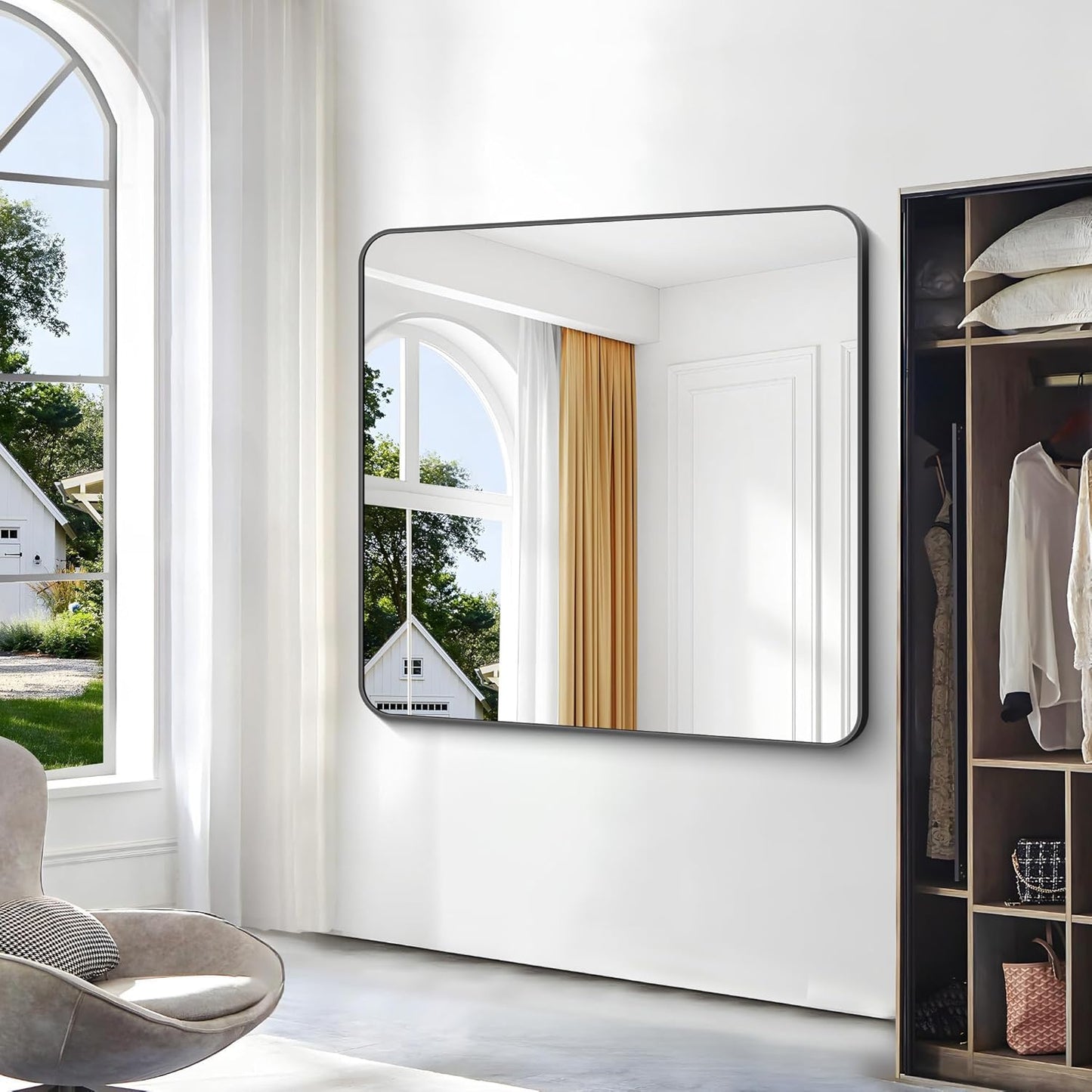 48x48 inch Bathroom Mirror,Black Rectangle Mirror,Wall Mounted Bathroom Frame Vanity Mirror with Round Corner for Bedroom Living Room,Entryway Hangs Horizontal or Vertical