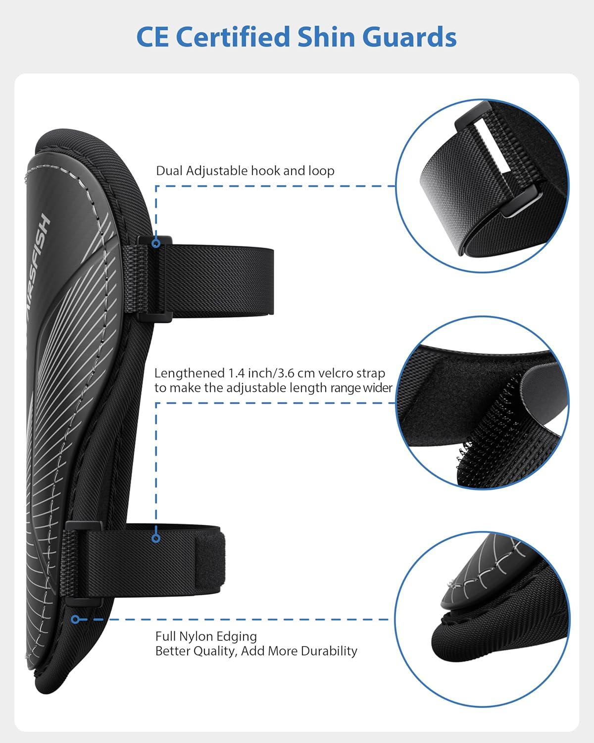 Shin Guards Soccer Kids Youth, CE Certified Airsfish Shin Guard Protection Gear for 2-18 Years Old Boys Girls Teenagers High Impact Resistant Breathable Comfortable 1 Pair 4 Sizes