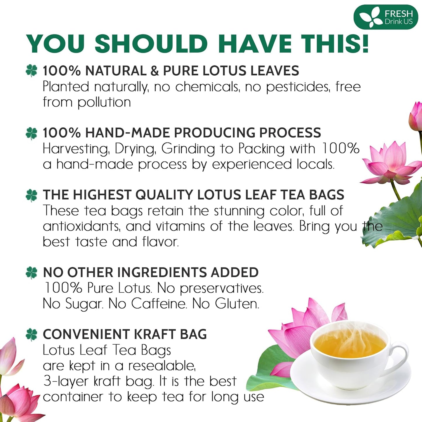 FreshDrinkUS, Premium 135 Lotus Leaf Tea Bags, 100% Natural & Pure from Lotus Leaves. Loose Leaf Lotus Herbal Tea. Made with Eco-Conscious Tea Bags. No Sugar, No Caffeine, No Gluten, Vegan.