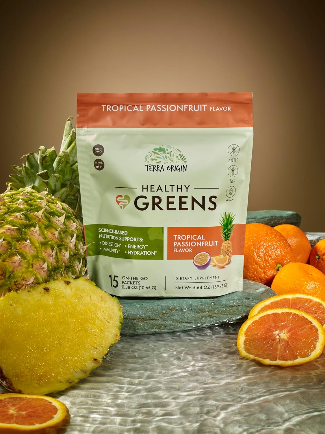 TERRA ORIGIN Greens Powder Superfood Supplement | 15 Packets | Supports Digestion | with Probiotic Blend, Digestive Enzymes, Antioxidants, Spirulina, Chlorella | Tropical Passionfruit