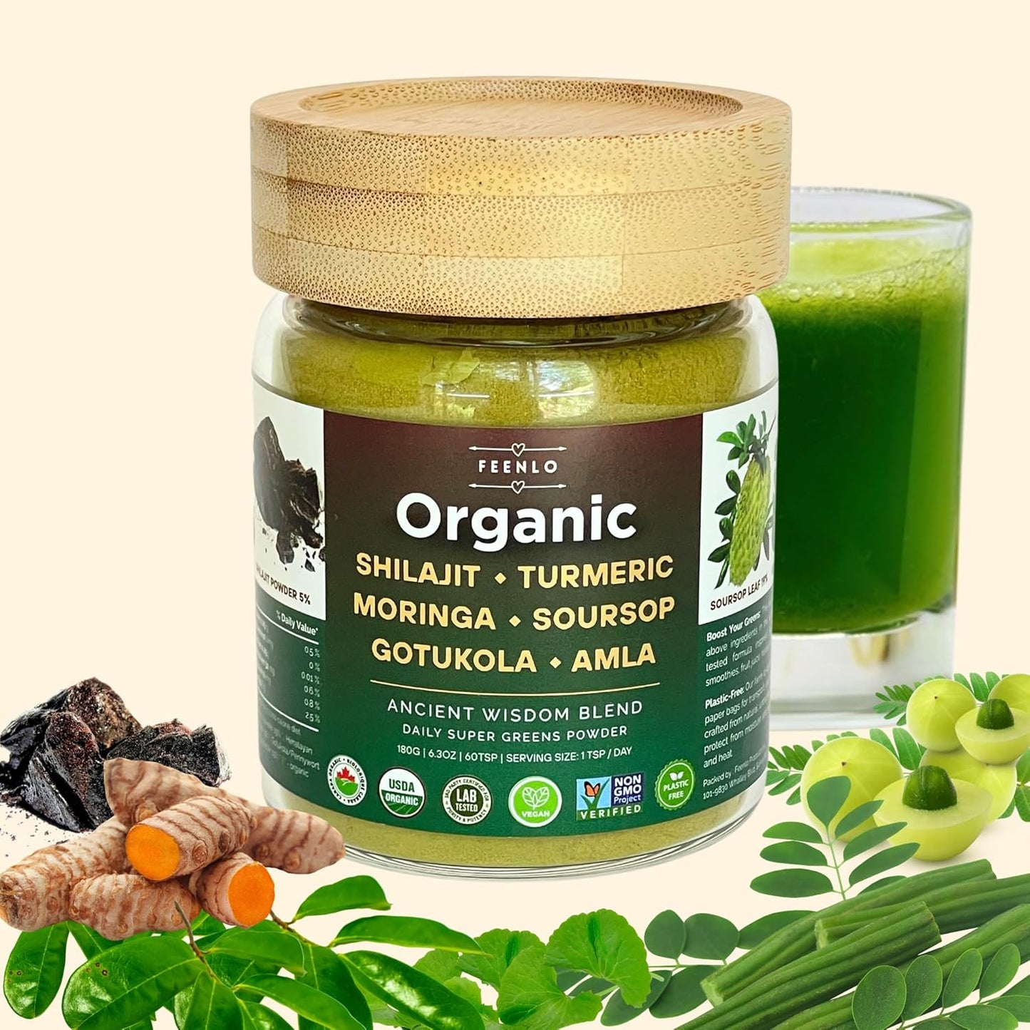 Organic, Non-GMO Moringa, Shilajit, Turmeric, Soursop, Gotukola, and Amla Green Juice Blend Powder, 2-Month Supply, [ Best Before Aug 30, 2028 ]
