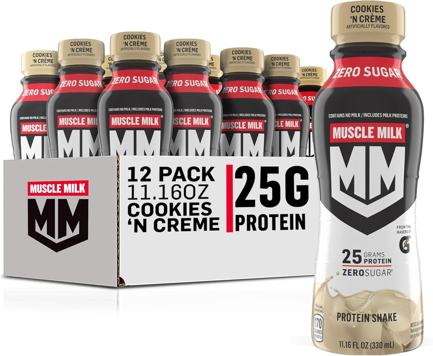 Muscle Milk Genuine Protein Shake, Cookies and Creme, 11.16 Fl Oz Bottle, 12 Pack, 25g Protein, Zero Sugar, Calcium, Vitamins A, C & D, 4g Fiber, Energizing Snack, Workout Recovery, Packaging May Vary