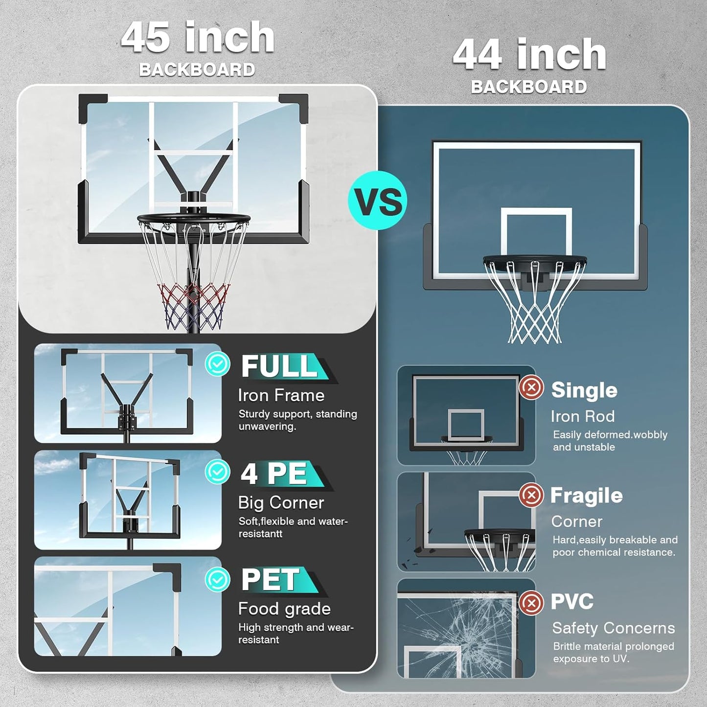 Basketball Hoop Outdoor, 10FT Adjustable Height, Portable Basketball Hoops Goal Court System w/ 45in Shatterproof Backboard for Kids Youth Adults