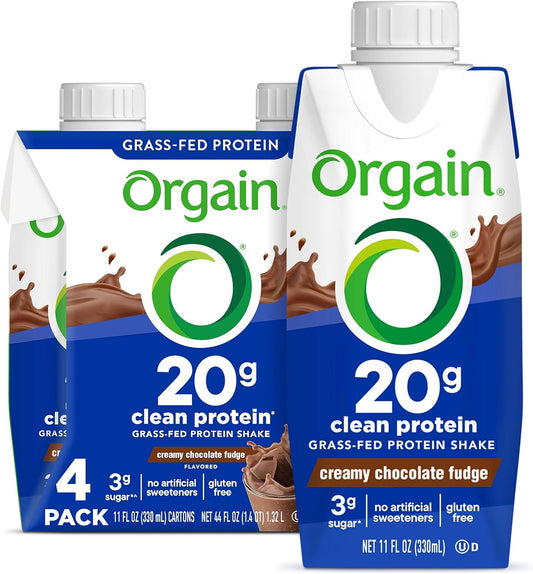 Orgain Clean Protein Shake, Grass Fed Dairy, Creamy Chocolate Fudge - 20g Whey High Protein, Kosher, Ready to Drink, Low Net Carbs, Gluten Free, No Soy Ingredients, 11 Fl Oz (Pack of 4)