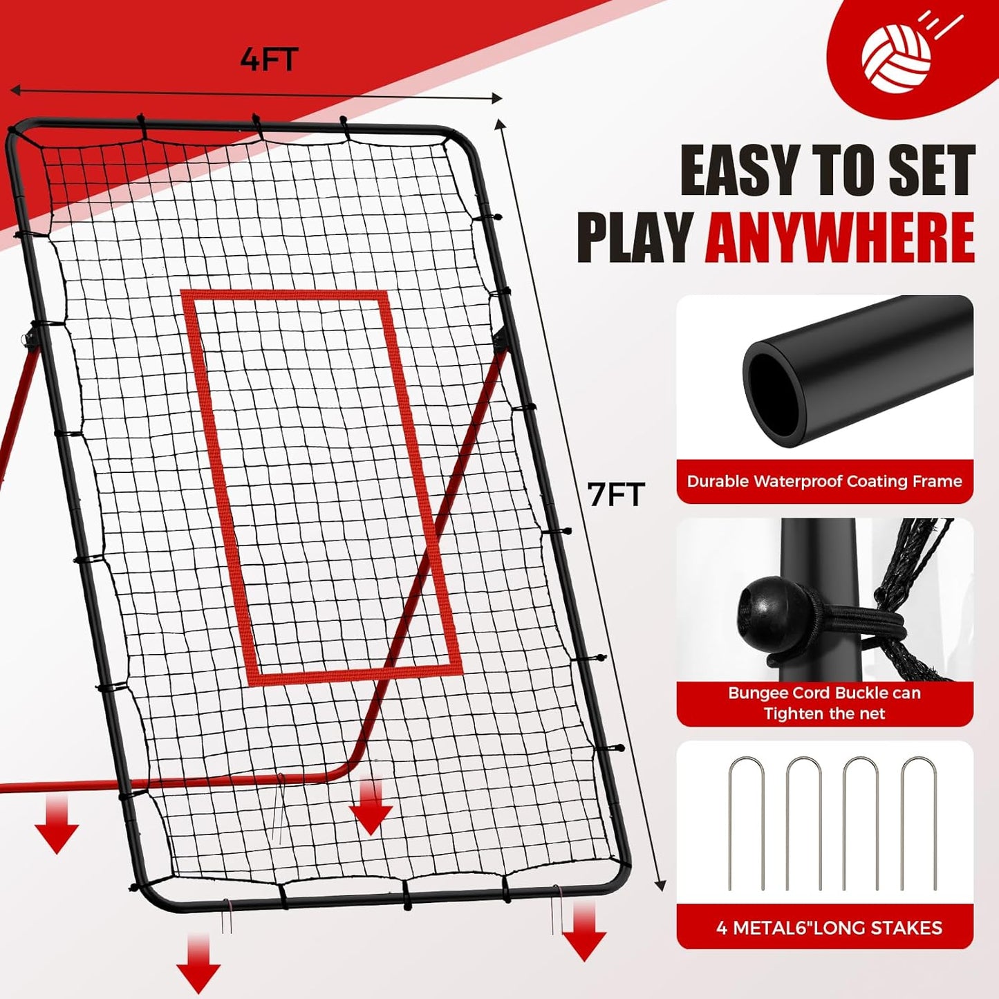 Volleyball Rebounder Net，Portable 7x4 ft Training Equipment for Spike and Smash Practice - 5 Rebound Angles Custom Target Area for Volleyball Sports Training