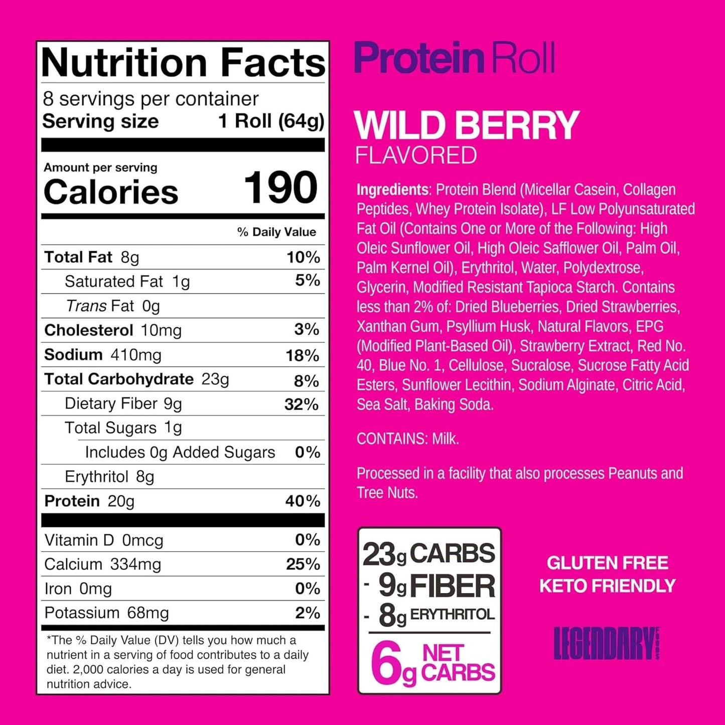 Legendary Foods 20g Protein Wild Berry Sweet Roll - Premium High Protien Bars, Low Carb Meal Replacement Snack, Low Glycemic Index, Gluten Free Snacks - Zero Sugar, Keto and Diabetic Friendly 8-Pack