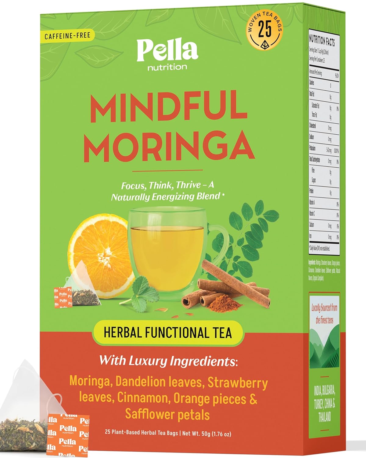Moringa and Dandelion Tea – With Orange, Cinnamon, Strawberry, and Safflower Petals – Gluten-Free, Vegan, Kosher – Caffeine-Free, Healthy Energy Drink – Herbal Blend for Focus & Wellness (25 Tea Bags)