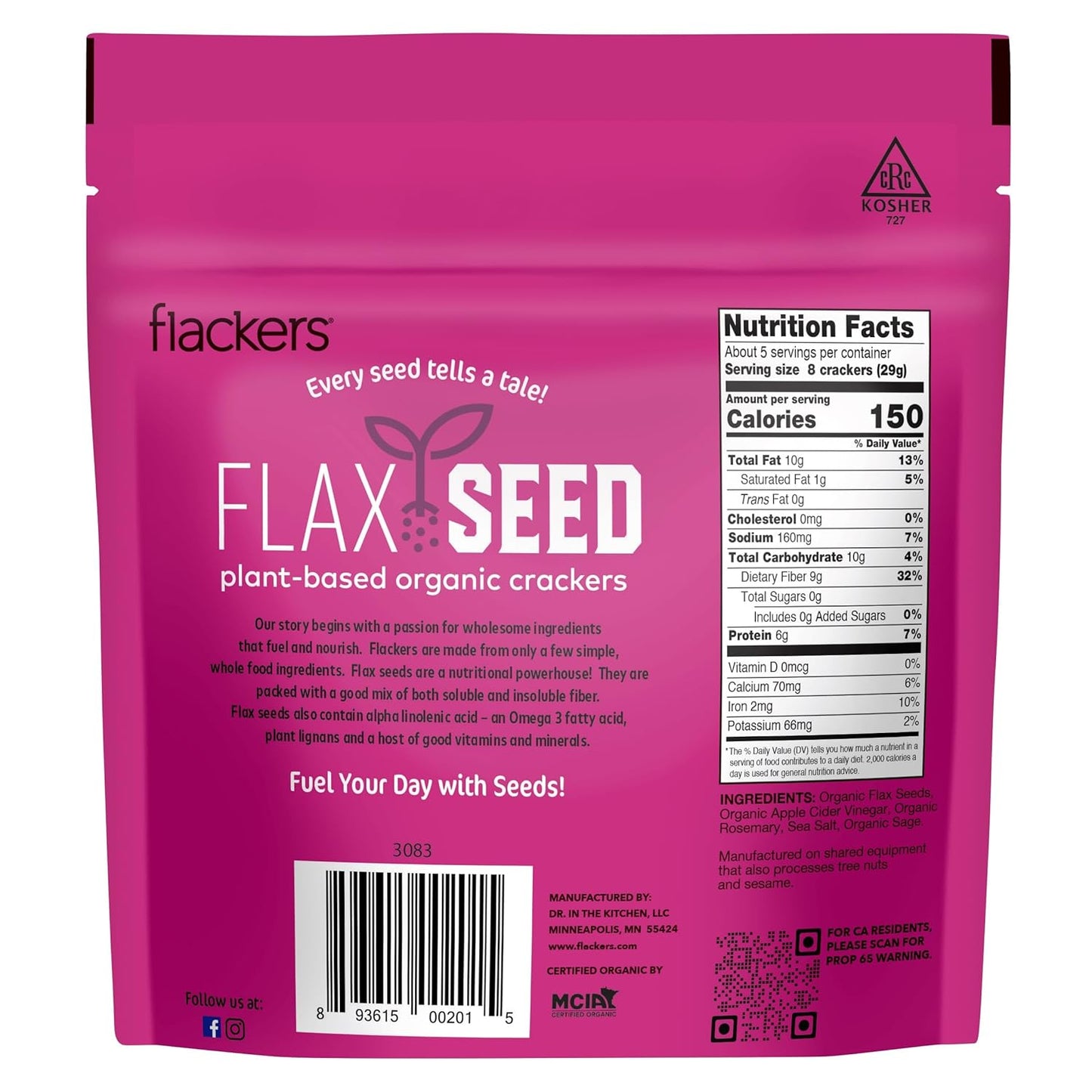 Flackers Organic Rosemary Flaxseed Crackers, 5 Ounce 6-Pack, Gluten Free, Non GMO, Vegan, Keto Snack, 9 Grams Fiber, 1 Net Carb
