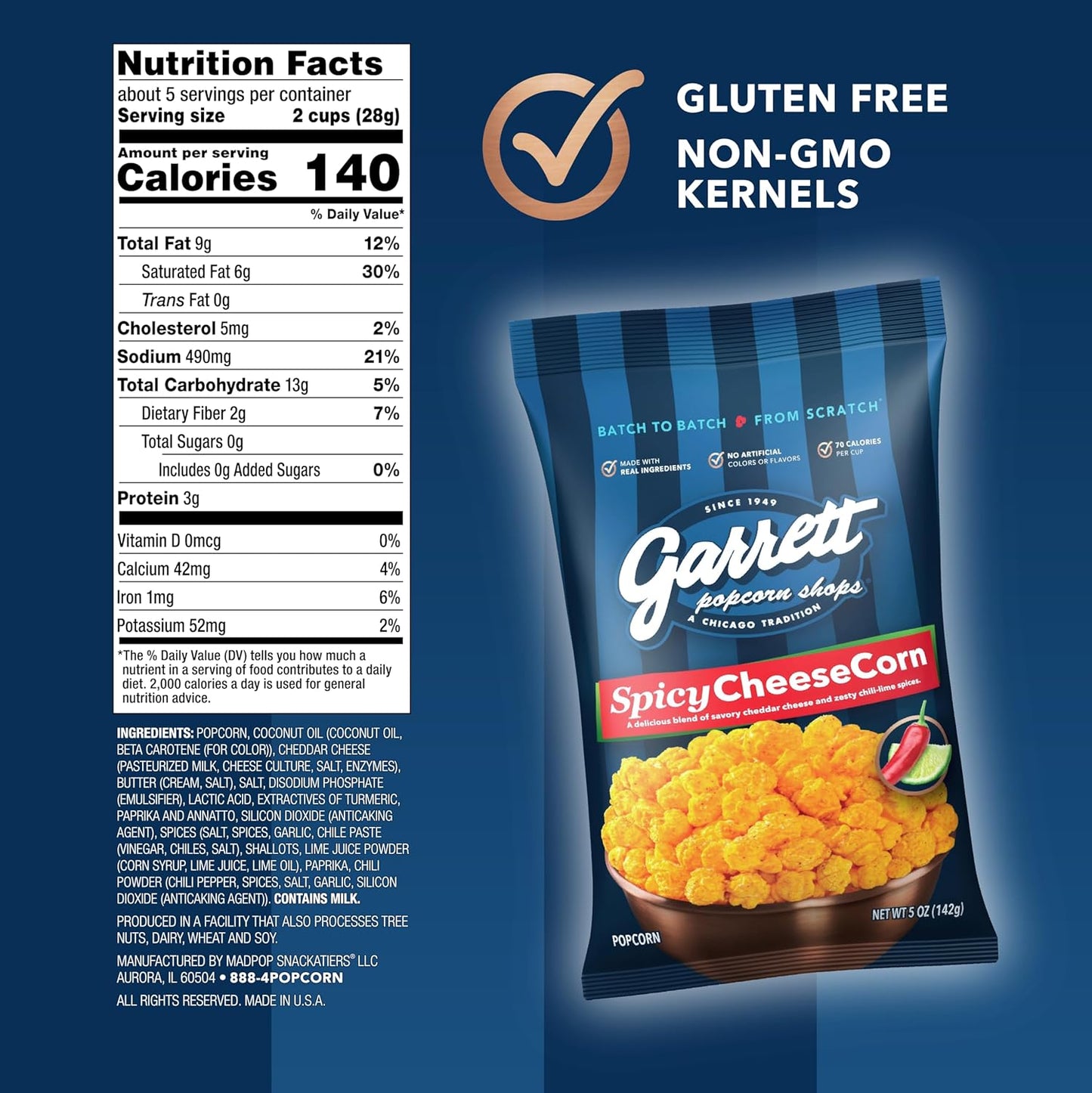 Garrett Popcorn Spicy CheeseCorn, 5.0oz, 4 Bags, Spicy Cheddar Popcorn, Gluten Free, Bold Snack, Popped Popcorn Bags