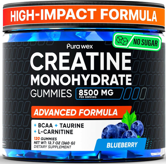 Creatine Monohydrate Gummies 8500mg Complex for Men & Women - Pre Workout Creatine Chews for Muscle Growth, Strength & Energy, Sugar Free, Vegan, Blueberry Flavor - 120 Count