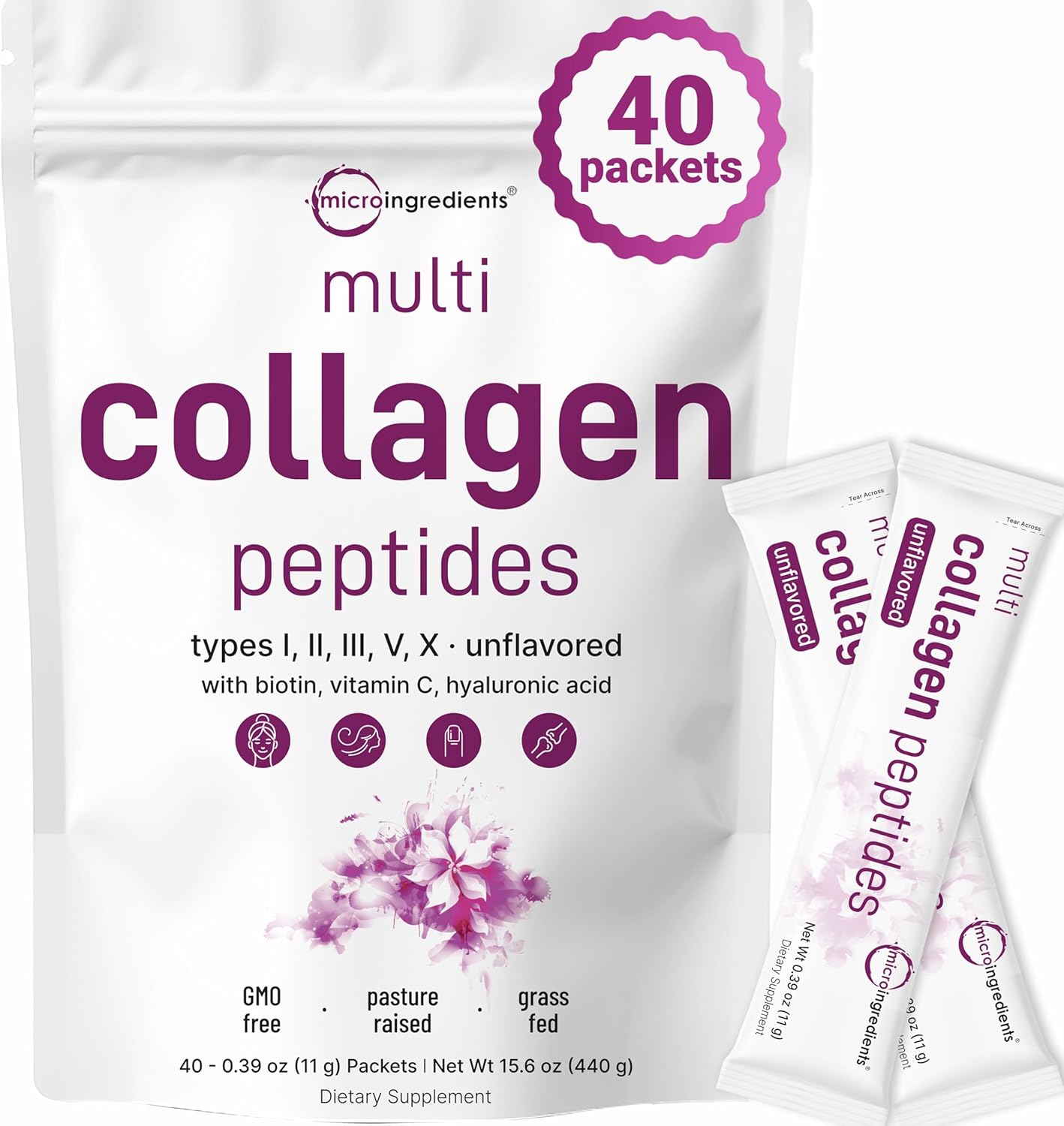 Micro Ingredients Multi Collagen Peptides Powder, 40 Stick Packs | Type I, II, III, V, X + Biotin, Vitamin C & Hyaluronic Acid | Unflavored | Supports Hair, Skin & Joint Health | Keto, Non-GMO