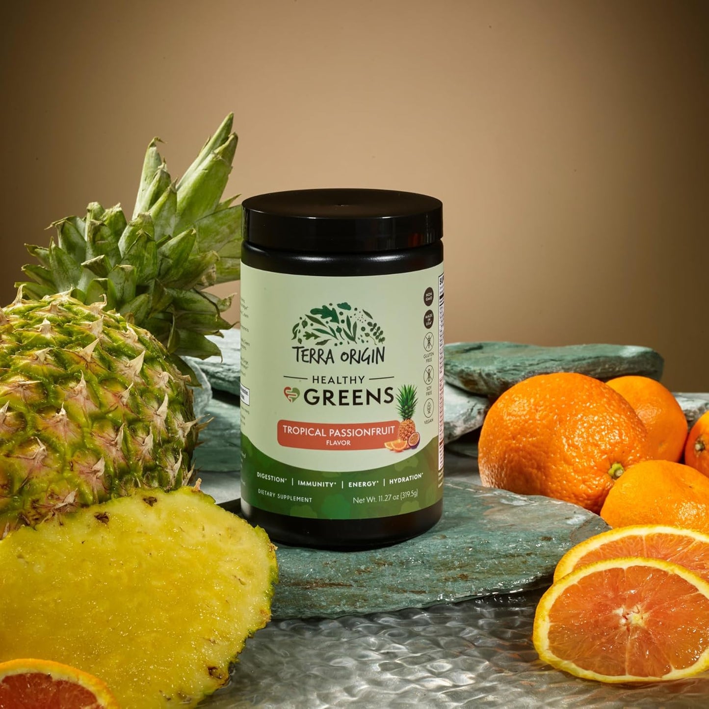 TERRA ORIGIN Healthy Greens Powder Supplement | Superfood Digestive Enzyme & Probiotic Blends | Immune, Gut, and Digestive Support for Women | Tropical Passion Fruit (30 Servings)