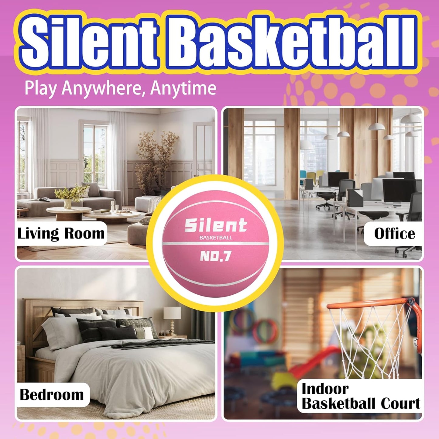 2025 Upgraded Silent Basketball Size 7 - Indoor Noiseless Airless Foam Basketball, Quiet Dribble Dream Training Ball with Soft Soundless Bounce-Pink