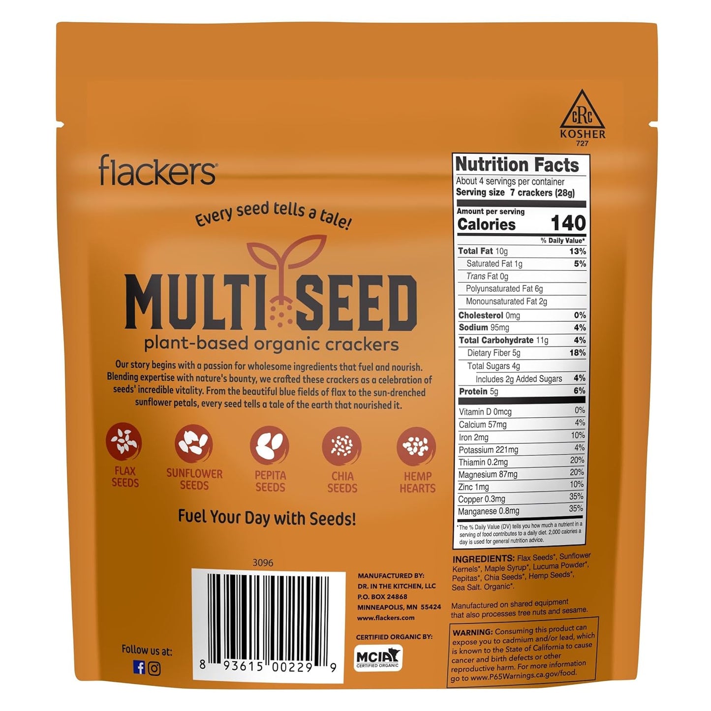 Flackers Organic Maple Multi-Seed Crackers, 4 Ounce 1-Pack, Gluten Free, Non GMO, Vegan, Keto Snack, 5g Fiber, 5g Protein, 6g Net Carbs