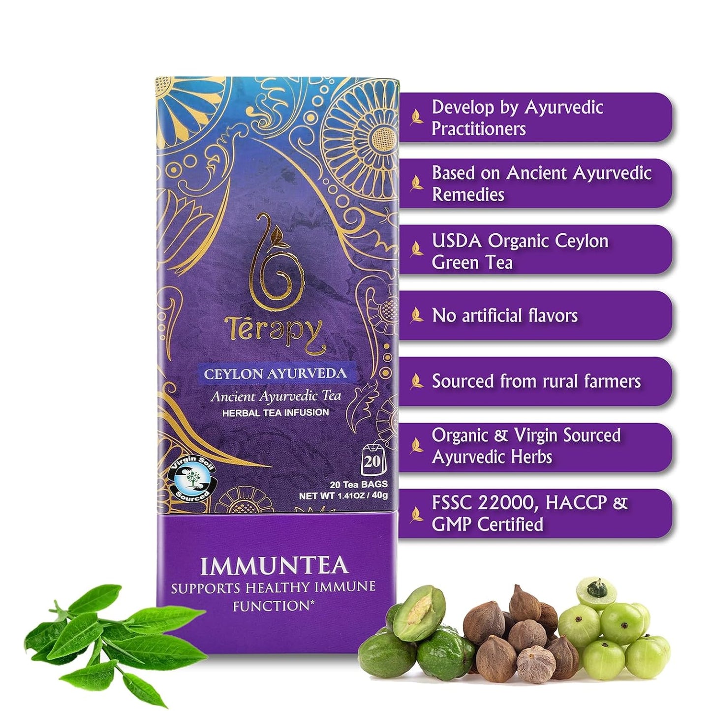 Térapy Ceylon ImmunTea Ayurvedic Tea | All Natural Herbal Ingredients | 20 Count Individually Wrapped Tea bags | Helps boost your immunity naturally