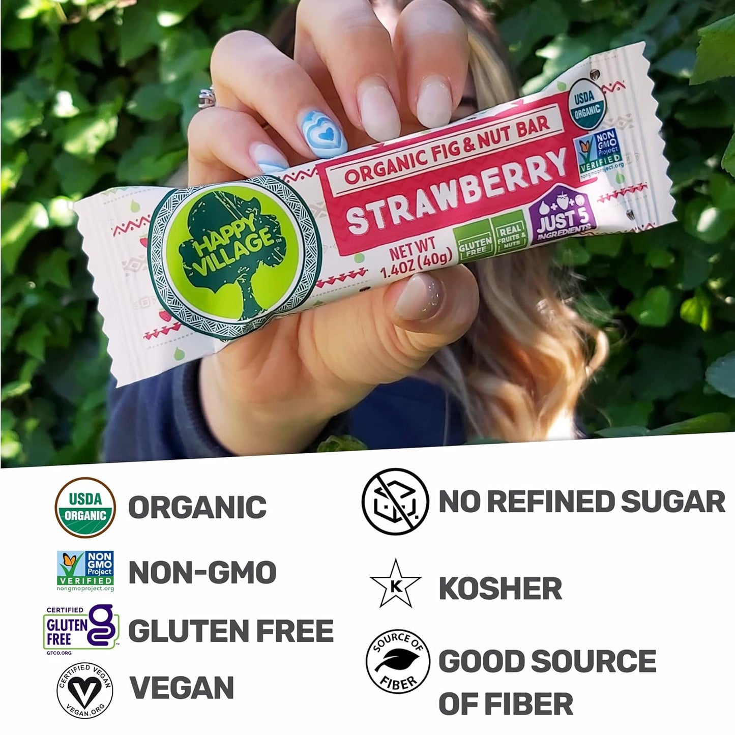 Happy Village Organic Fruit & Nut Bars, STRAWBERRY | Gluten Free, No Refined Sugar, Kosher, Non-GMO, Vegan, Good Source of Fiber | Organic Healthy Snack Bars (16 bars, 1.4 OZ each)