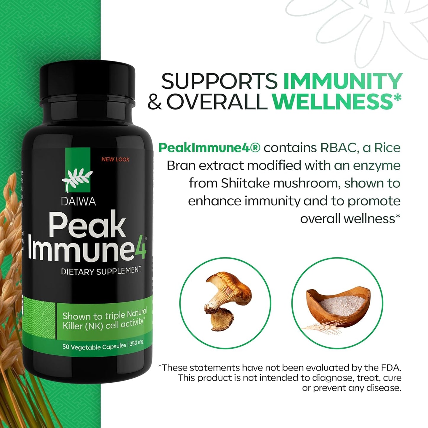 Daiwa PeakImmune4® – Immune Support Supplement for Adults with Rice Bran Arabinoxylan Compound (RBAC) and Enzyme from Shiitake Mushroom – 50 Capsules