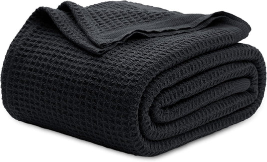 Bedsure 100% Cotton Blanket King Size for Bed - Breathable and Soft, Waffle Weave Blanket for Summer, Thick Cozy Fall Blankets for Women Gift, Black, 104x90 inches