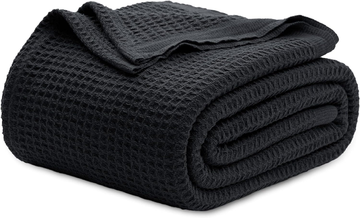 Bedsure 100% Cotton Blanket Queen Size for Bed - Breathable and Soft, Waffle Weave Blanket for Summer, Thick Cozy Fall Blankets for Women Gift, Black, 90x90 Inches