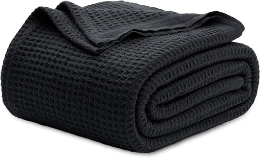 Bedsure 100% Cotton Blanket Queen Size for Bed - Breathable and Soft, Waffle Weave Blanket for Summer, Thick Cozy Fall Blankets for Women Gift, Black, 90x90 Inches