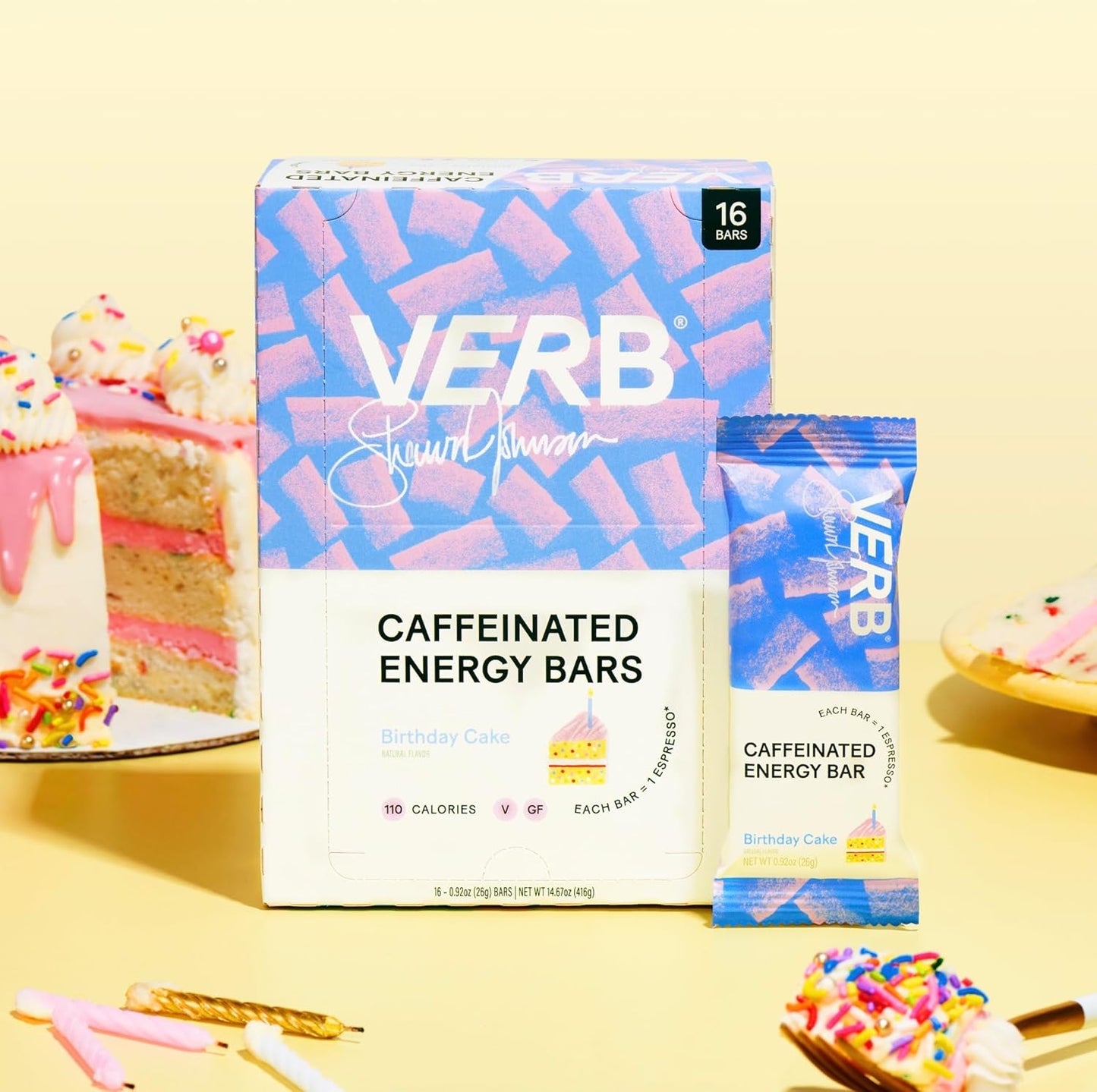 Verb Caffeinated Energy Bars Birthday Cake (26g, Pack of 16) 110-Calorie Delicious Low Sugar Energy Bar - Vegan Gluten Free On-the Go Snack with 80mg Green Tea Caffeine, Only Real-Food Ingredients