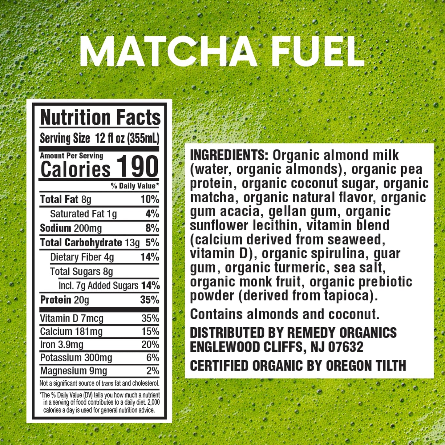 Remedy Organics Matcha Fuel 12-Pack | Plant Based Protein Shakes, Ready to Drink | USDA Organic, Gluten Free, Dairy Free, Soy Free
