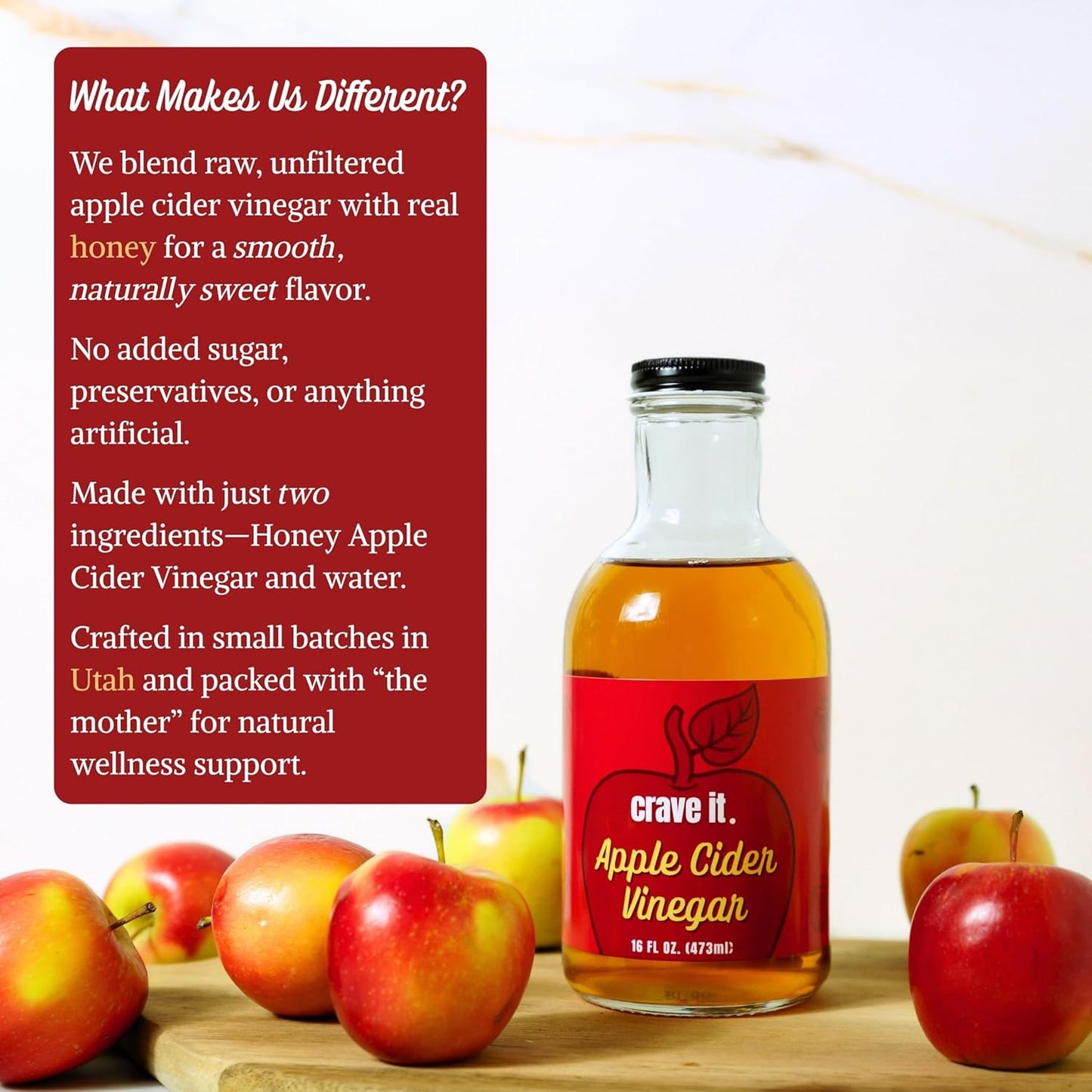Crave It. Apple Cider Vinegar with Mother - Gut Health & Digestion - Made with Utah Honey - 16oz - 1pk