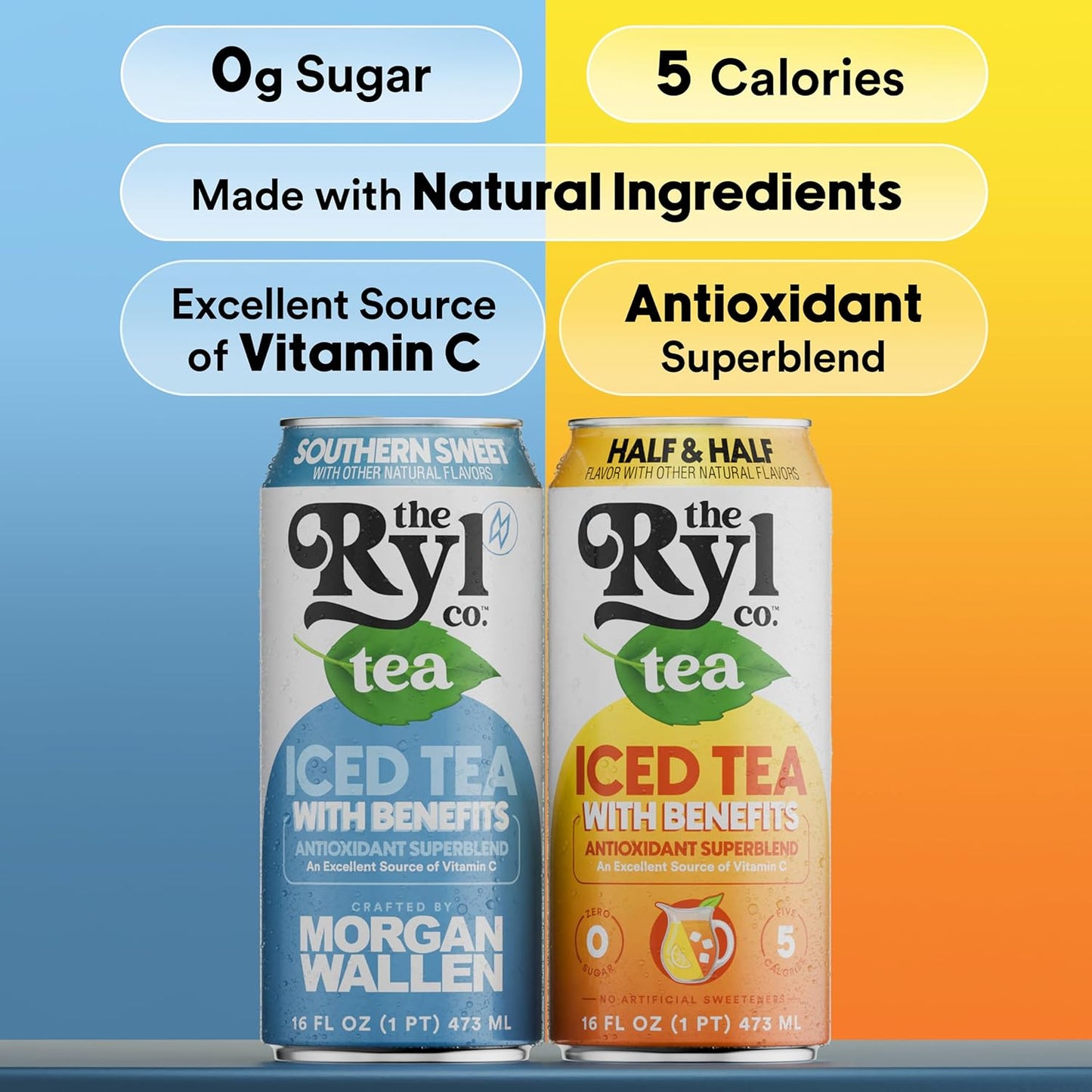 Ryl Iced Tea Front Porch Variety Pack, Sweet Tea and Half N' Half – Antioxidant Superblend, No Artificial Ingredients, Zero Sugar, Five Calories, Low Carb, Non-GMO, Made in the USA, 12-Pack, 16 Fl Oz