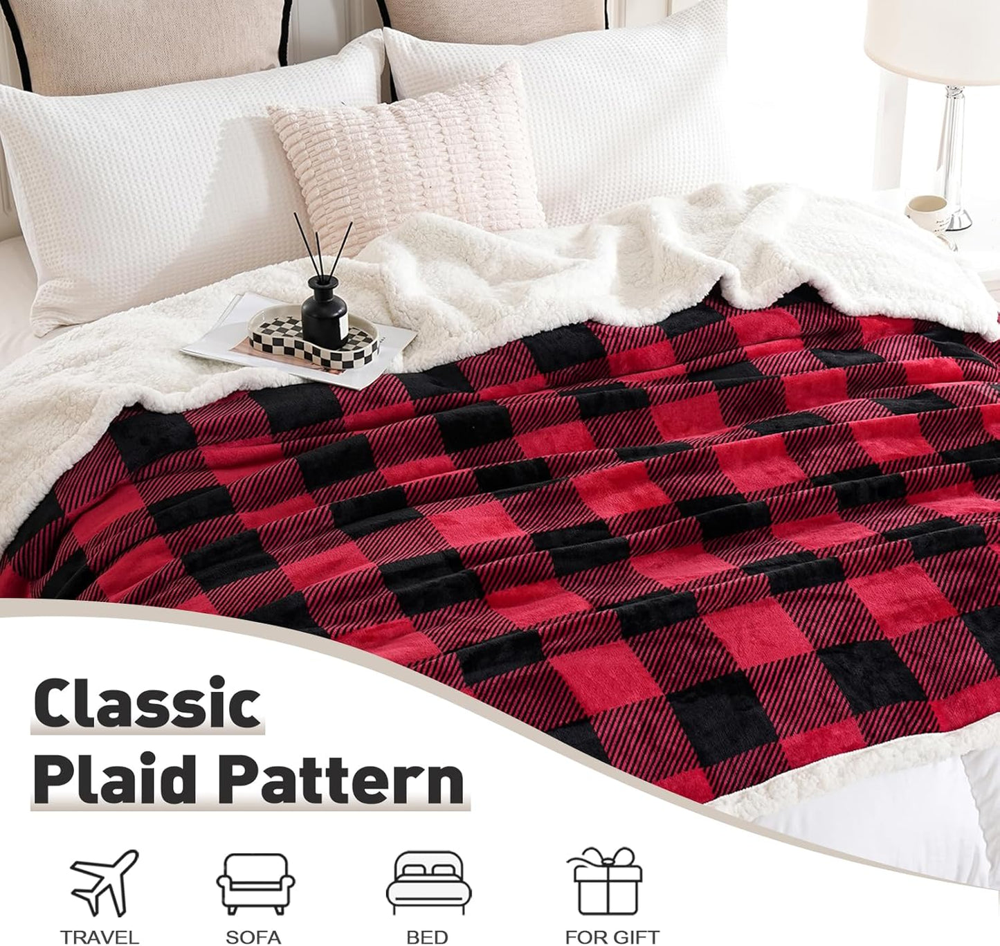 PU MEI Sherpa Fleece Throw Blanket 80" x 90" Reversible Plush Fluffy Large Big Blanket Lattice Flannel Blankets for All Season Use, Red and Black