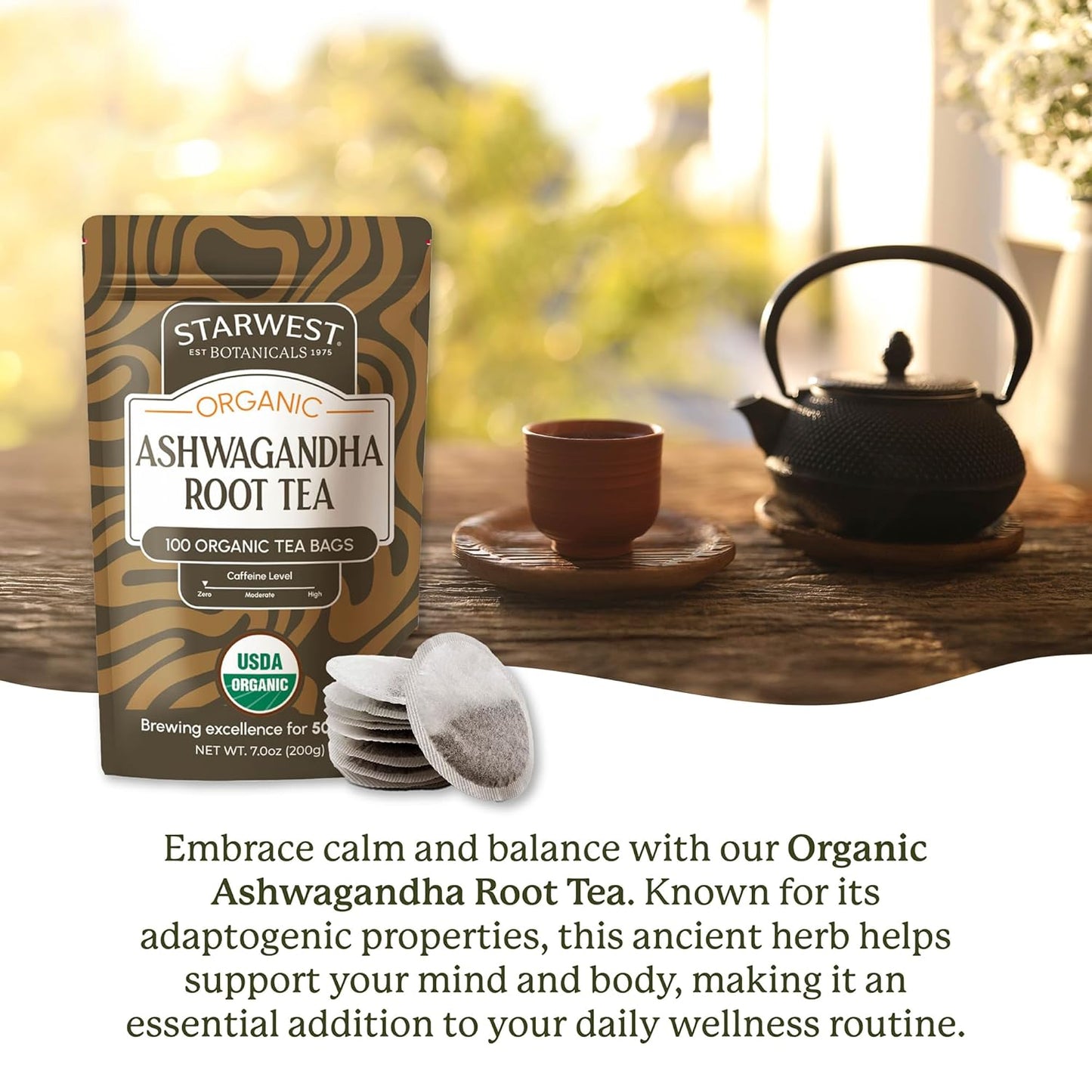 Starwest Botanicals Organic Ashwagandha Tea - Caffeine Free Herbal Tea, String Free Sachets, USDA Organic Ashwagandha Root, Non GMO - Bulk Pack, 100 Tea Bags