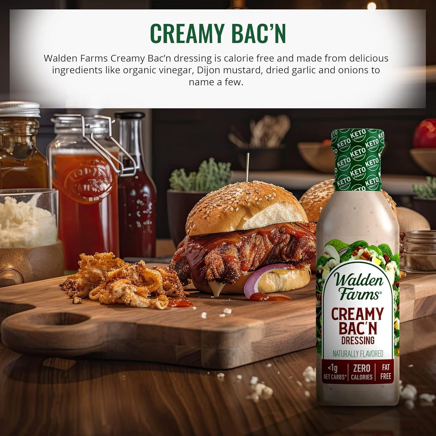 Walden Farms Creamy Bac’n Dressing – Low Carb, Calorie-Free, Gluten-Free, Keto-Friendly, Sugar-Free, Fat-Free, Dairy-Free Smoky Bacon Flavor – 2-Pack, 12 oz Bottles