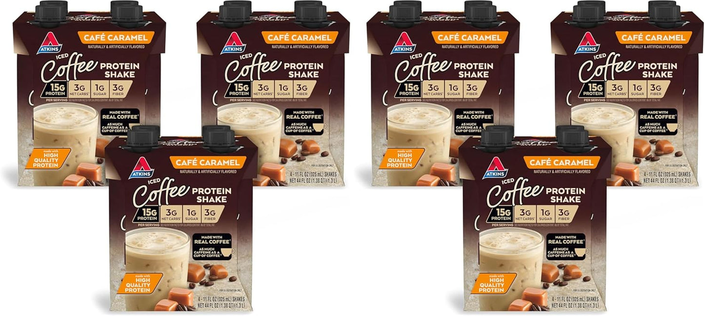 AtkinsCafé Caramel Iced Coffee Protein Shake, 15g Protein, Low Glycemic, 3g Net Carb, 1g Sugar, Keto Friendly (Pack of 2)