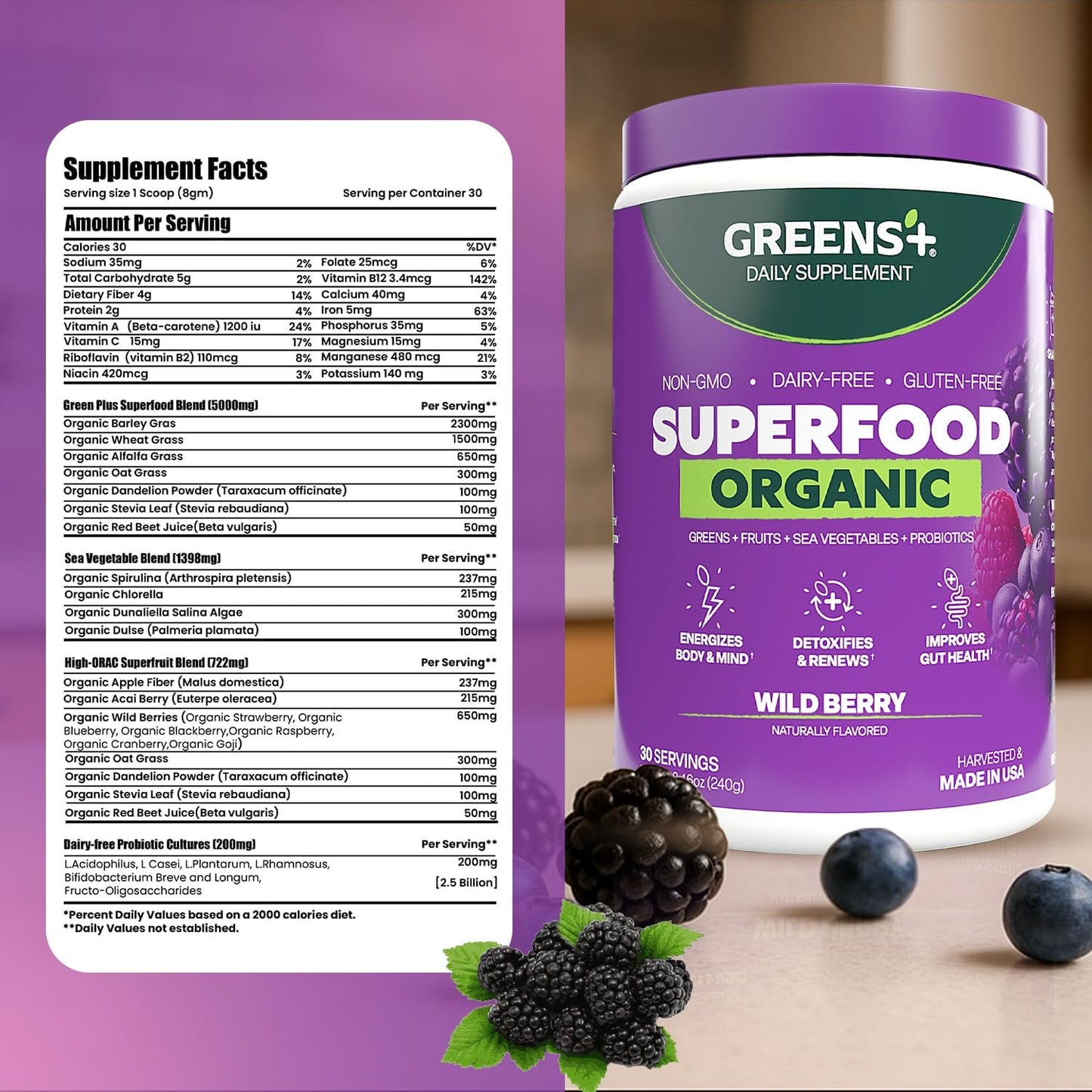 Greens+ Organic Wild Berry Superfood Powder, Antioxidant Polyphenol, Blend for Morning Kick, Energy, Vitality Boost, Nutrition, Vibrant Health, Dietary Supplement, Vegan Soy/Dairy/Gluten Free(8.46oz)