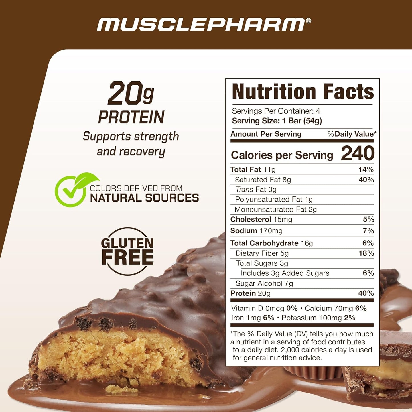 MusclePharm Combat Ready Chocolate Peanut Butter Cup, High Protein Bars, Combat Cravings, Fuel Performance & Meet Energy Demands, 20g Protein from Whey Protein, 5g Fiber, Gluten Free, 4 Bars
