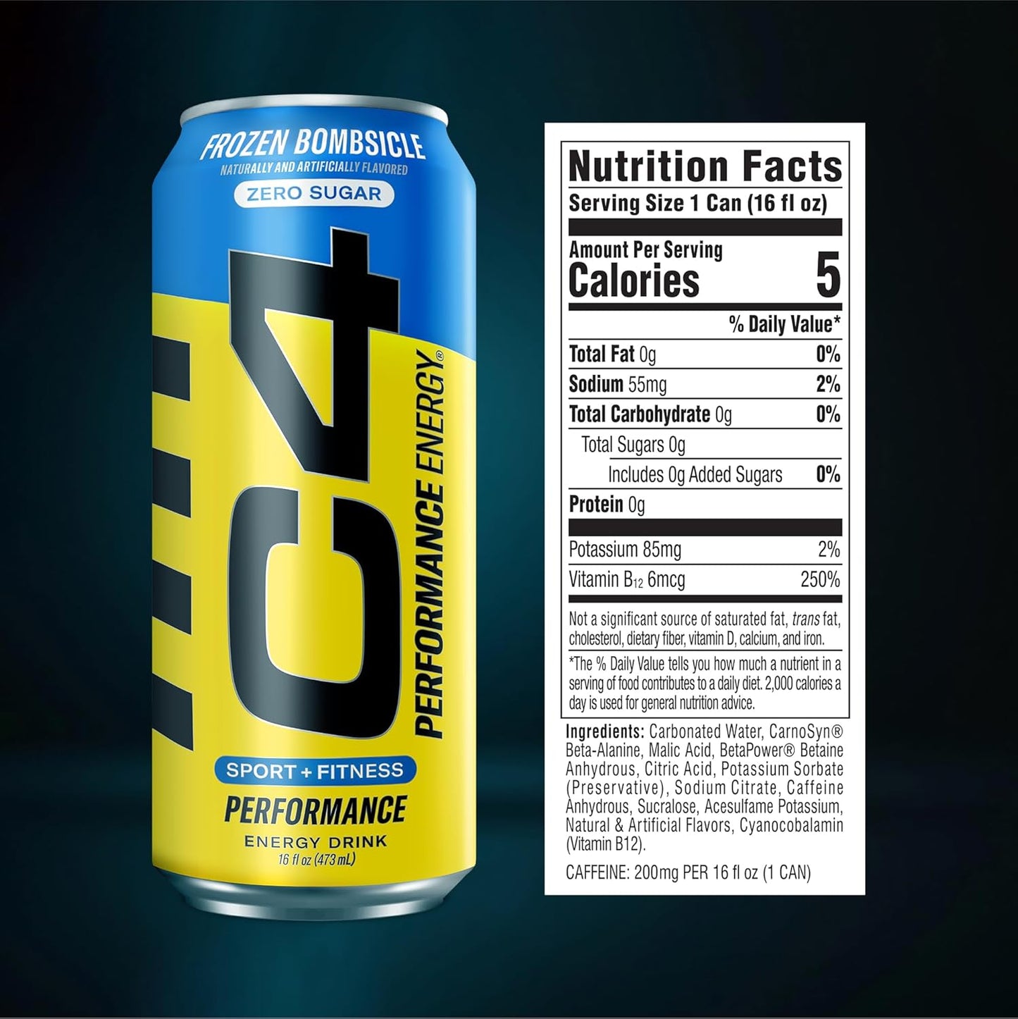C4 Performance Energy Drink | Zero Sugar Carbonated Preworkout Energy | 200mg Caffeine with Beta Alanine | Frozen Bombiscle | 16 Fl Oz (12 Pack)