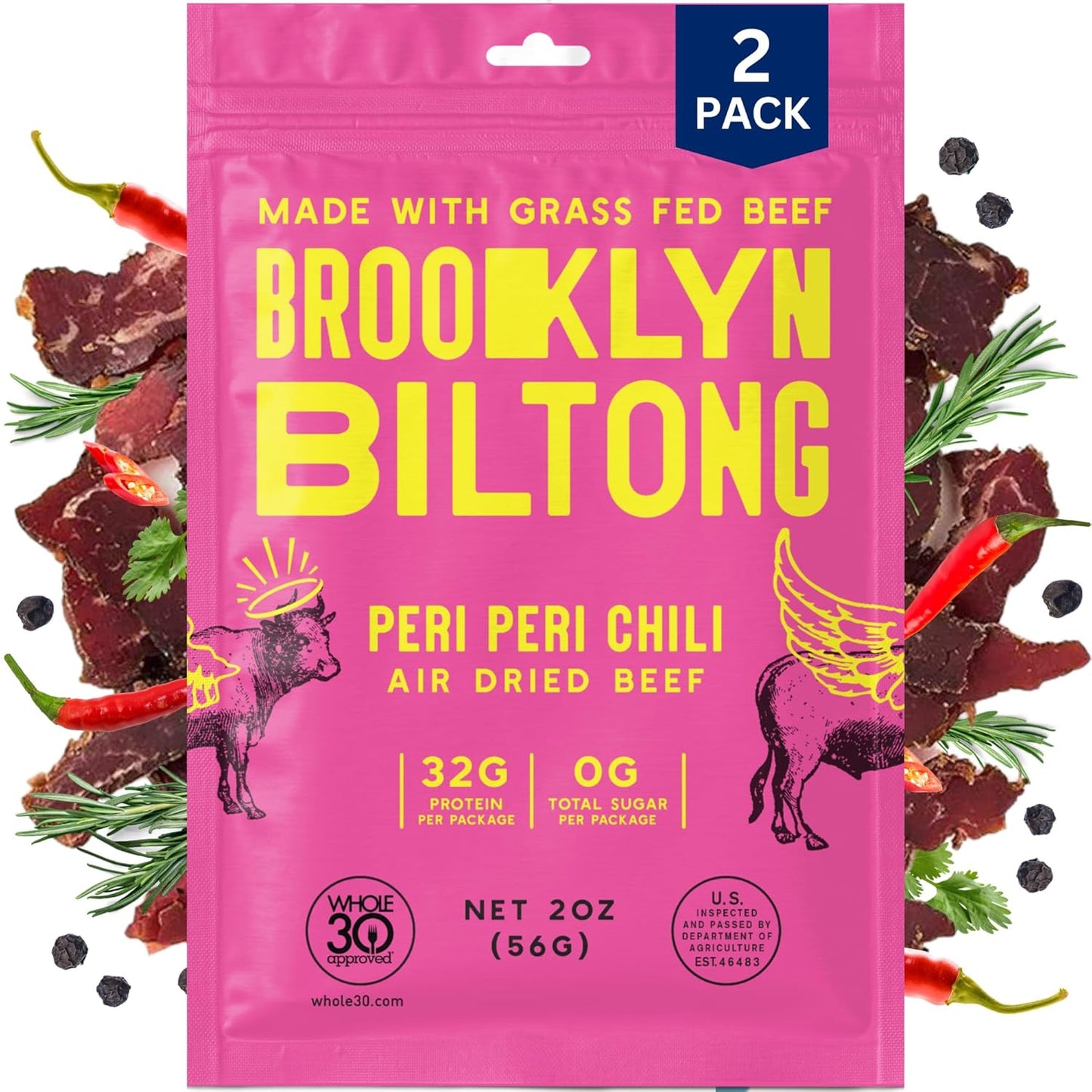 Brooklyn Biltong Air Dried Grass Fed Beef Snack, South African Beef Jerky (2 oz, Pack of 2) - Whole30 Approved, Paleo, Keto, Gluten Free, Sugar Free, Made in USA - (Peri Peri)