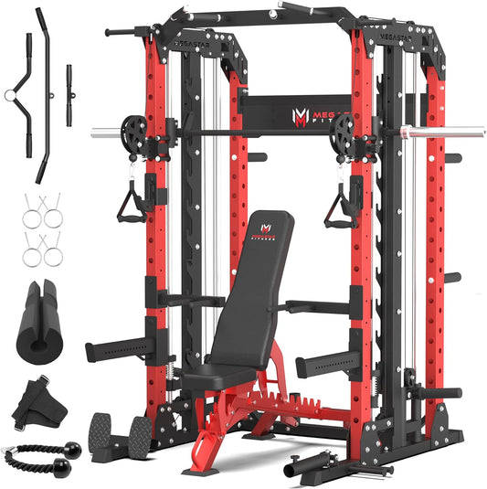 Smith Machine Home Gym with Aluminum Pulley Set - 2000lbs Capacity All-in-One Power Rack with Cable Crossover, Pull-Up Bar & Dip Station, Includes 18 Attachments, P107 Anvil