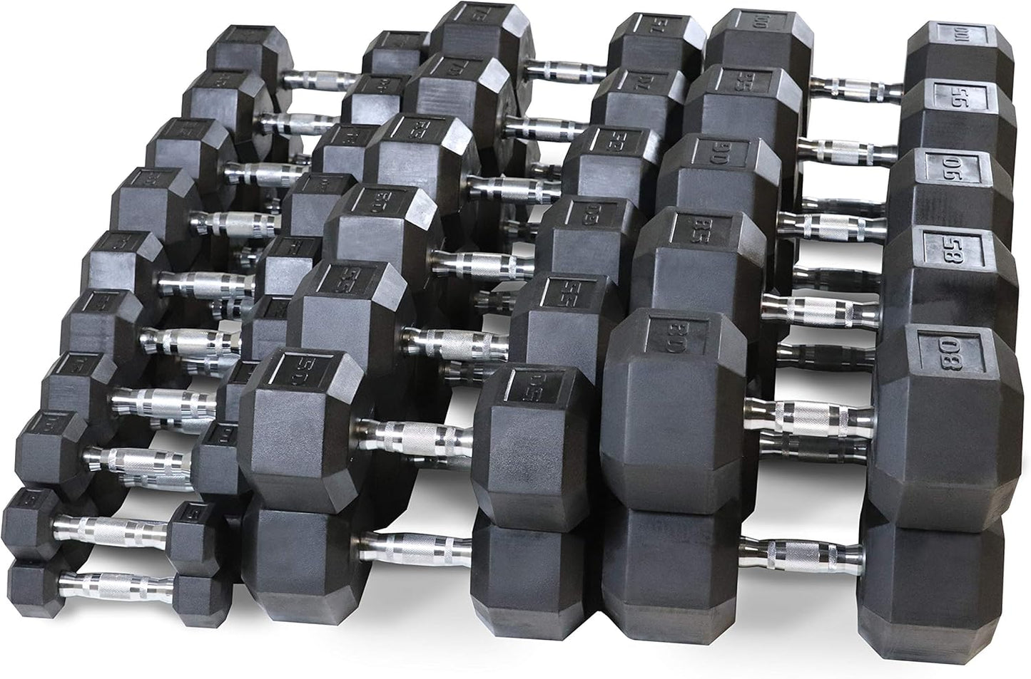 WF Athletic Supply Rubber Coated Hex Dumbbell Set, Multiple Choices Available - Dumbbells with Rack Stand and Mat, or Dumbbells Only (200/550/1200/2100/3000 LB)