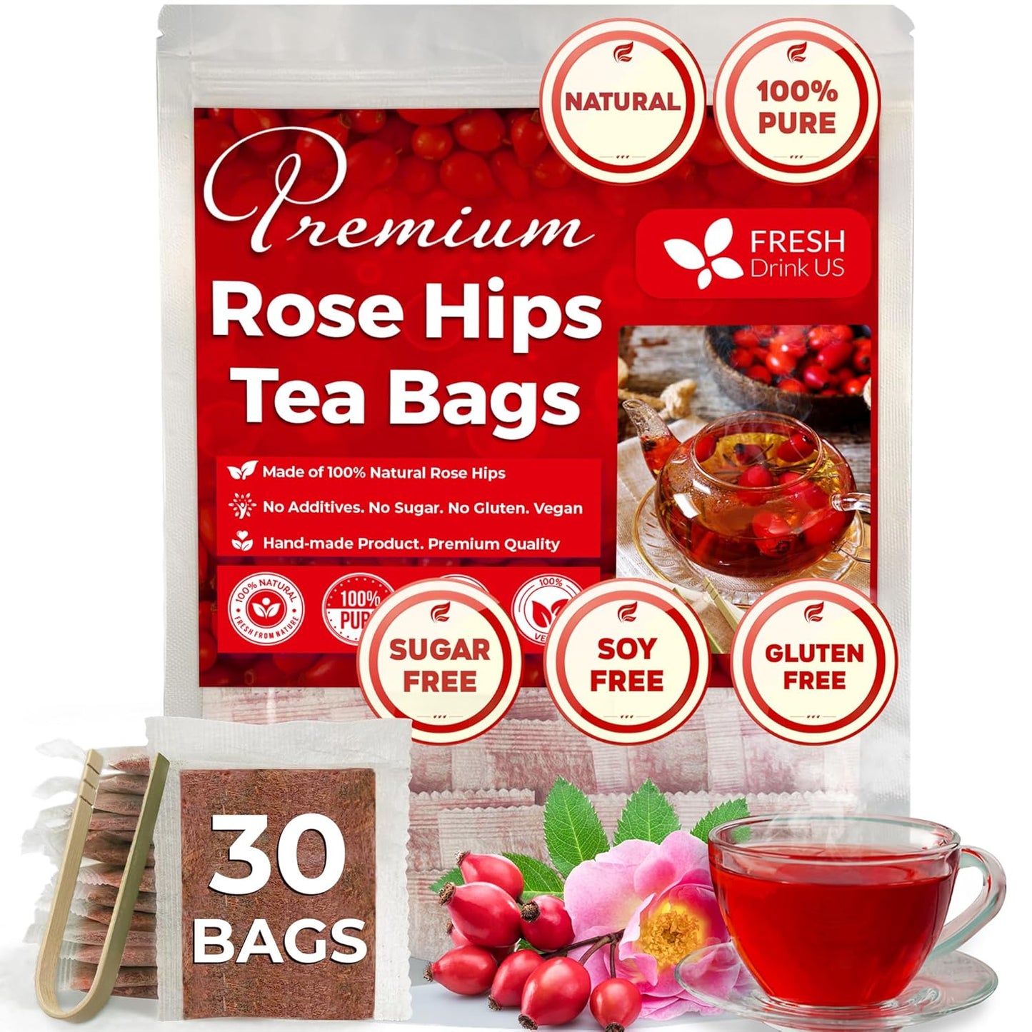 FreshDrinkUS, Premium 30 Rosehip Tea Bags, 100% Natural & Pure from Rose Hip Fruits. Loose Rosehip Herbal Tea. Made with Natural Material Tea Bags. No Sugar, No Caffeine, No Gluten, Vegan.