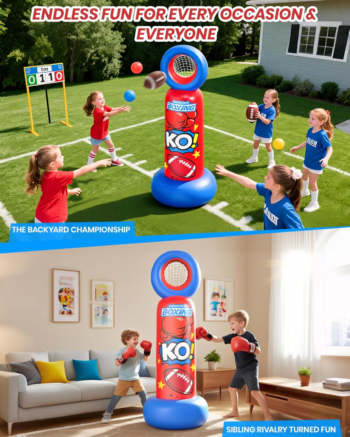 Inflatable Punching Bag for Kids, 2-in-1 Freestanding Boxing Bag with Football Toss Game, 68.8'' Heavy Duty Karate Taekwondo Toy for Boys Girls Ages 3-12, Birthday Ideas