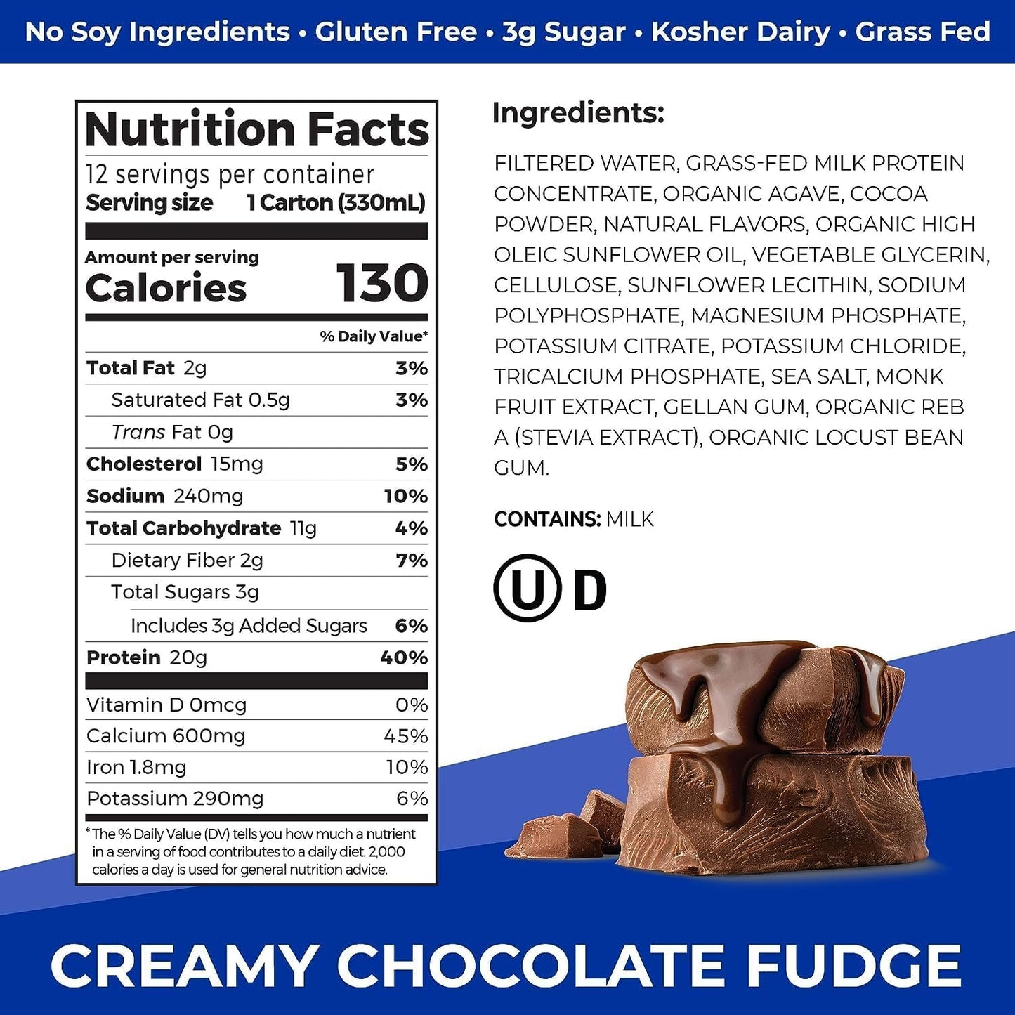 Orgain Clean Protein Shake, Grass Fed Dairy, Creamy Chocolate Fudge - 20g Whey High Protein, Kosher, Ready to Drink, Low Net Carbs, Gluten Free, No Soy Ingredients, 11 Fl Oz (Pack of 12)