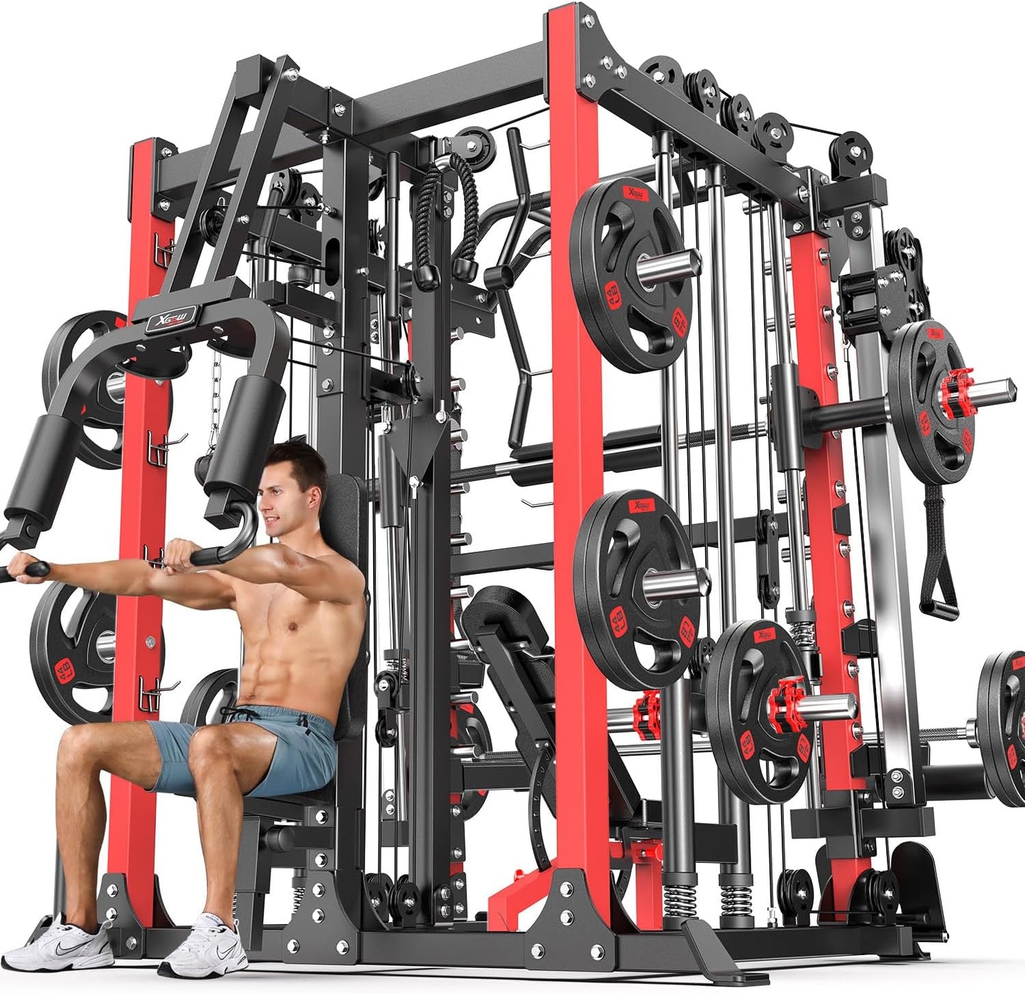 Smith Machine Power Rack Multifunctional Power Cage Deep Squat Rack Cable Crossover System Selectable More Training Attachment for Garage & Home Gym